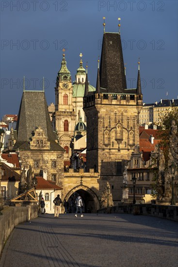 Charles Bridge, Tor tor to the Prague Lesser Town, St. Nicholas Church, Prague, Czech Republic,