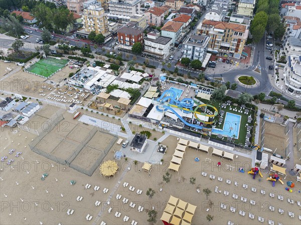 Bathing beach in Rimini. Bathing beach on the Adriatic in bad weather. All deckchairs are free.
