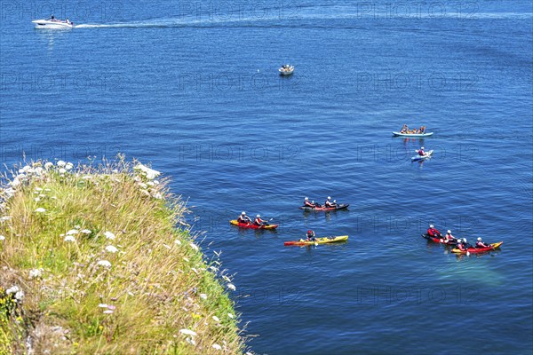 People on kayaks, White Cliffs. Old Harry Rocks Jurassic Coast, Dorset Coast, Poole, England,