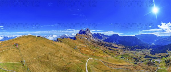 The peaks Sas Rigais and Furchetta of the Geisler group, wide-angle panoramic photo, drone photo,