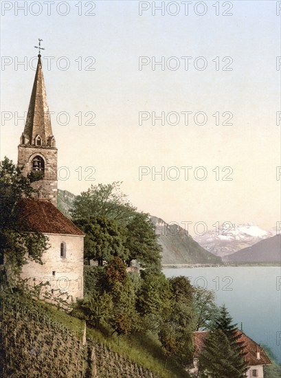Montreux, the church and Dent du Midi, Geneva Lake, Switzerland, Historic, digitally restored