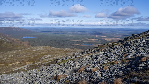 Autumn landscape, view of lake landscape, Pallas-Yllästunturi National Park, Lapland, Finland,