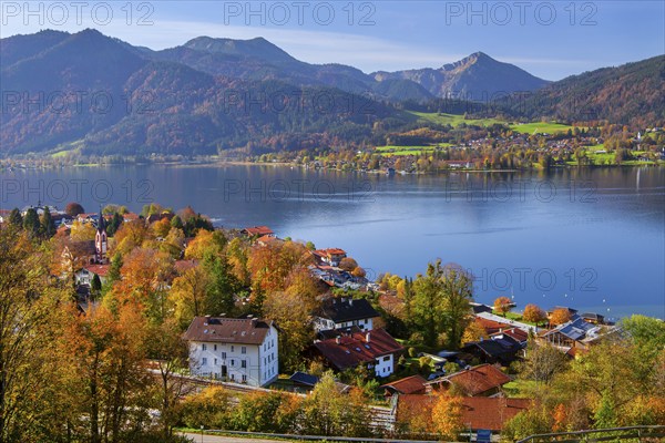 Panorama of town and lake with view to the lakeshore of Bad Wiessee in autumn, town Tegernsee,