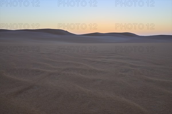 Vast desert landscape at sunset with gentle sand dunes and minimalist atmosphere, Matruh, Great