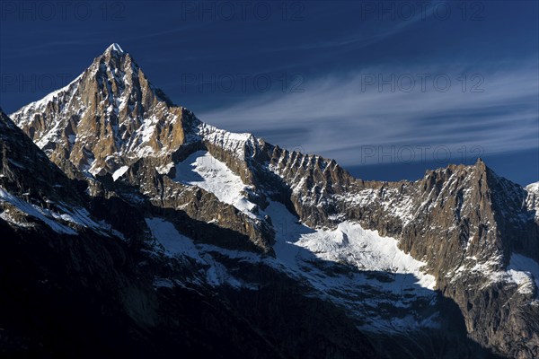 The Bietschhorn near Visperterminen, Swiss Alps, mountain, church, church tower, village, mountain
