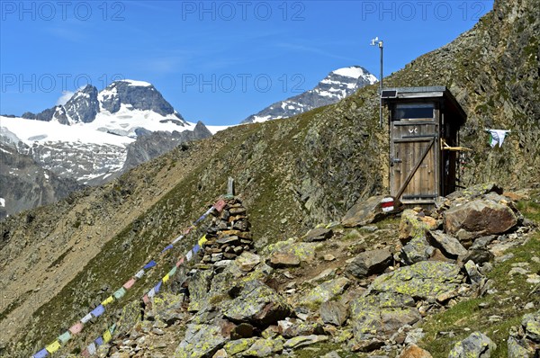 Toilet block at the Bietschhorn hut of the Academic Alpine Club of Bern AACB in the Valais Alps,