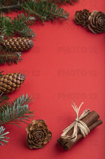 Christmas or New Year composition. Decorations, box, cinnamon, cones, fir and spruce branches, cup