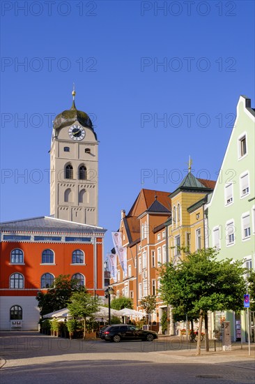 Facade of the savings bank, tower of St Johannes, Erdinger-Weißbräu on Schrannenplatz, Erding,