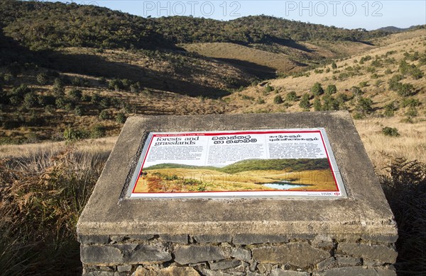 Information board about montane grassland and cloud forest environment Horton Plains national park,
