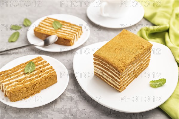 Homemade honey cake with milk cream and mint with cup of coffee on a gray concrete background and