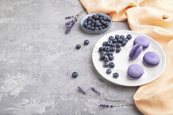 Purple macarons or macaroons cakes with blueberries on white ceramic plate on a gray concrete