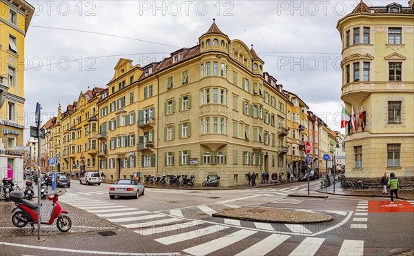 Intersection of Leonardo-Da-Vinci-Strasse and Sparkassenstrasse in Bolzano, South Tyrol, Italy,