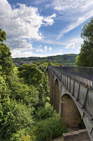 Tourists on Pontcysyllte Aqueduct, navigable trough bridge, Llangollen Canal, Llangollen, UNESCO