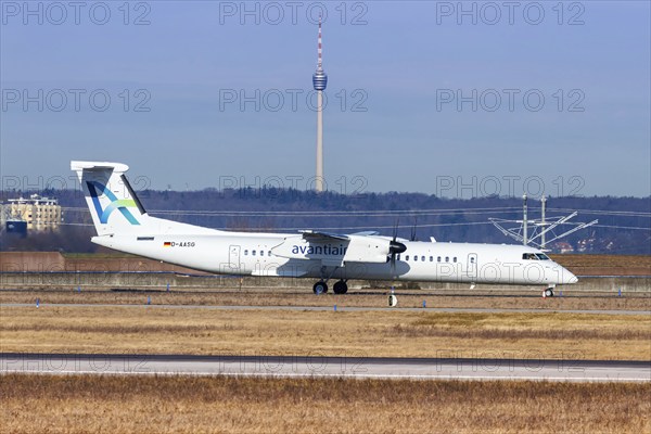 A De Havilland Dash 8 Q400 aircraft of Avanti Air with the registration D-AASG at the airport in