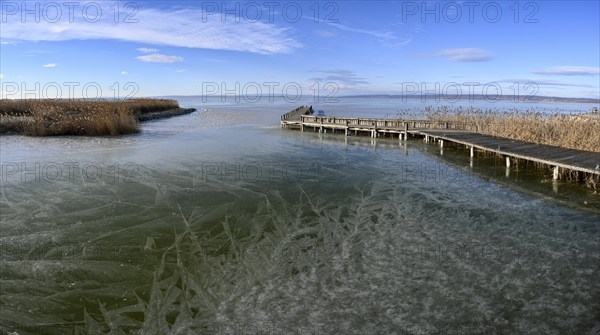 Frozen lake in winter, jetty, Lake Neusiedl, Weiden am See, Burgenland, Austria, Europe