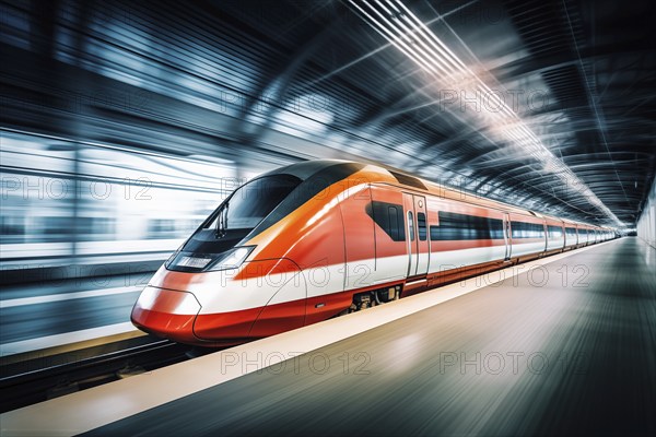 Modern high speed train in a futuristic train station. Modern transportation technology, speed,