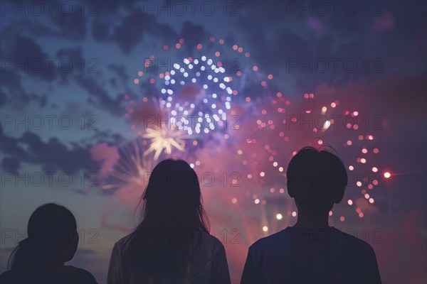 Back view of young people celebrating with fireworks in night sky. Generative Ai, AI generated