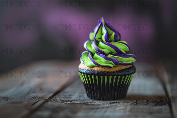 Black Halloween cupcake with neon green and purple frosting. Generative Ai, AI generated