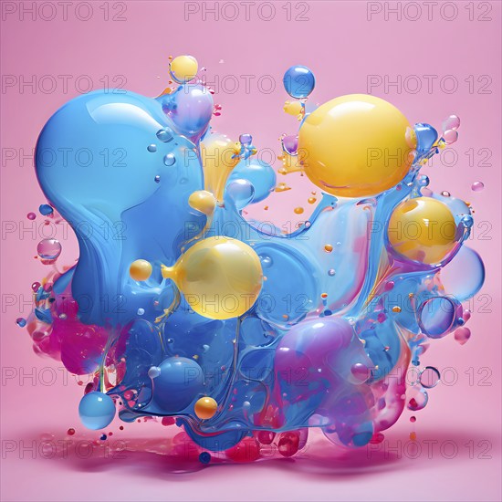 Abstract image with colorful yellow and turquoise blobs and liquid shapes on a pink background, AI