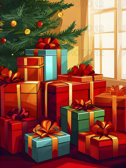 Abstract illustration of wrapped Christmas gifts, shiny ribbons and bows, stacked under a evergreen