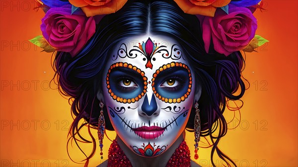 Woman in an extravagant dia de los muertos costume and a vibrant face makeup, AI generated