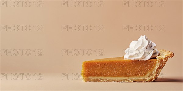 Banner with single slice of pumpkin pie with cream on beige background with copy space. Generative