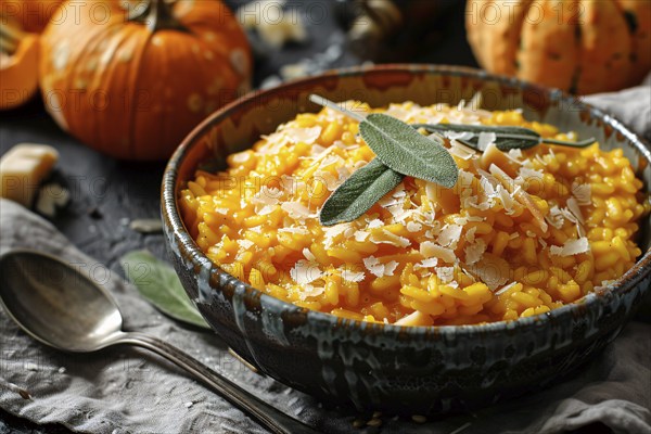 Creamy pumpkin risotto with sage and Parmesan cheese. Generative Ai, AI generated