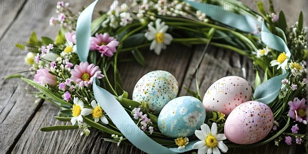 Spring wreath with pastel ribbons, speckled eggs, and blooming flowers, hanging on a wooden