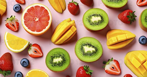 Colorful and artfully arranged slices of fruits like mangoes, strawberries, and kiwi, AI generated