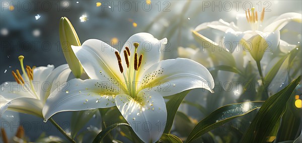 Blooming Easter lilies with soft white petals and a yellow center, bathed in gentle sunlight, AI
