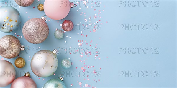 Christmas flatlay with blue and pink colored tree baubles on pastel background with copy space.