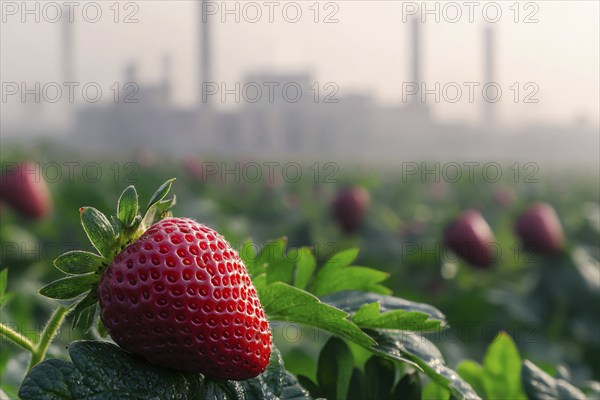 Agricultural field with strawberry fruits and factory with grey fumes in blurry background.
