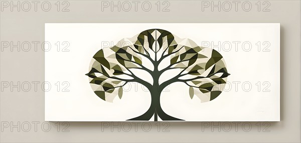 Abstract geometric tree with a circular canopy and a rectangular trunk, arranged in a clean,