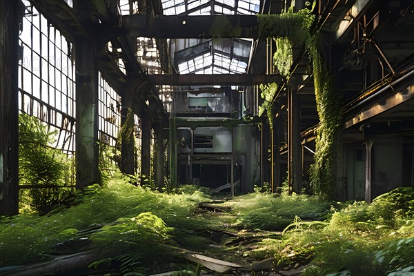 Abandoned factory vines embracing rusted skeletons of machinery whisper of bygone industrial era,