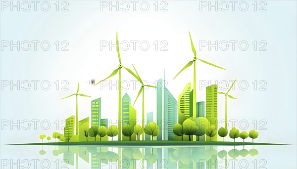 Abstract visual illustration of a city skyline where buildings morph into wind turbines and trees,