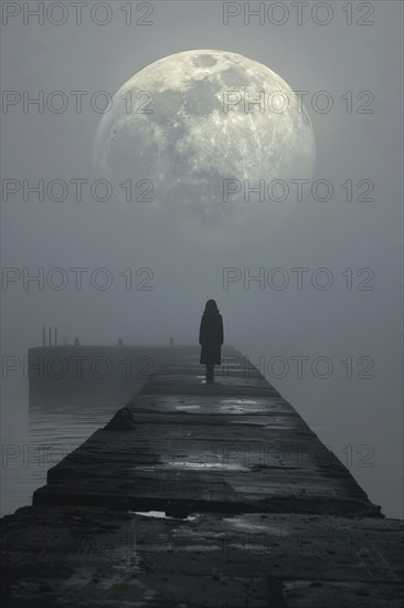 Silhouette of a lonely, sad woman on a concrete footbridge on a foggy full moon night, symbolic
