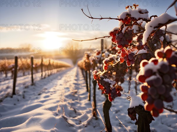 AI generated close up of grapevines in winter in the vineyard with snow blankets dormant vines and