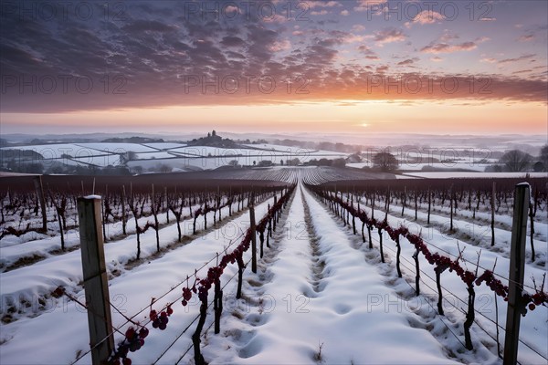 AI generated winter in the vineyard with snow blankets dormant vines and ambient light