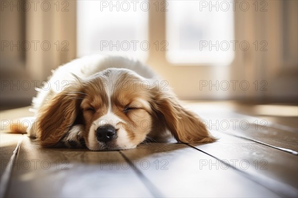 Young dog sleeping on hardwood floor. KI generiert, generiert, AI generated