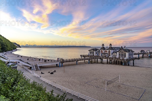 The pier of Sellin, evening mood, sunset, 394 metres long, with restaurant, jetty, beach chairs,