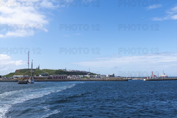 View from south-west to the offshore island Helgoland, harbour facilities, three-masted gaff