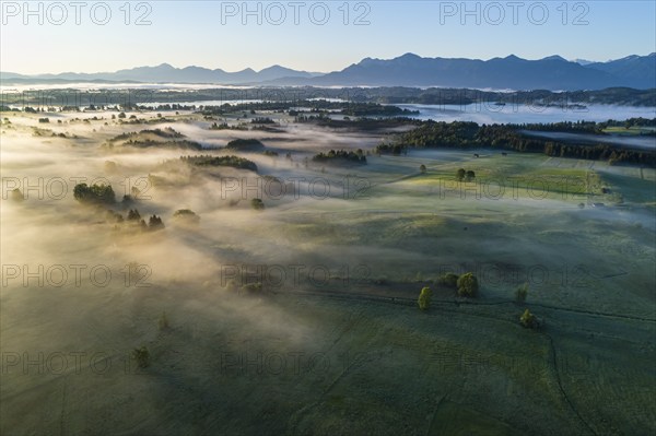 Aerial view of meadows and trees in front of mountains in backlight, sunrise, fog, autumn, Murnau,