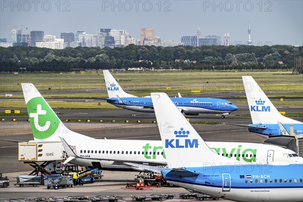 Amsterdam Schiphol Airport, aeroplanes on the taxiway, at the terminal, Gate D, check-in, apron,