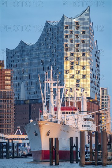 Port of Hamburg, museum ship Cap San Diego at the St. Pauli Landungsbrücken, Elbe Philharmonic