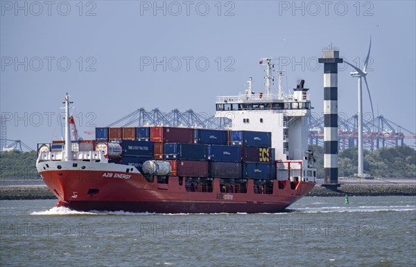 Container freighter A2B ENERGY, view from the Hoek van Holland to the harbour entrance to the