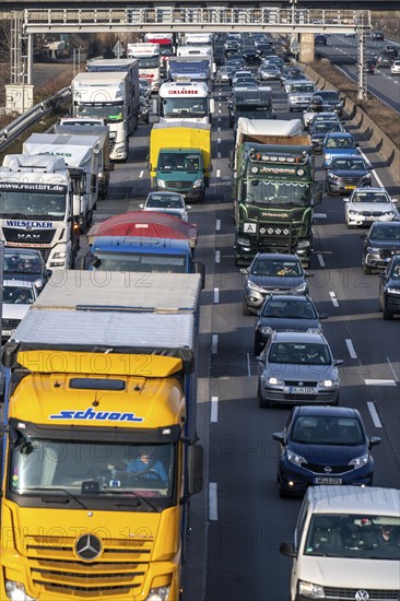 Traffic jam on the A3 motorway, at the Köln-Ost junction, heading south, four lanes jammed with