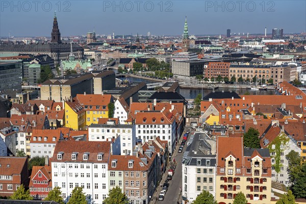 Panoramic view over the city centre of Copenhagen, from Christianshavn to the city centre, Denmark,