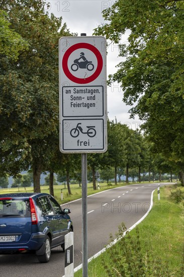 Prohibition sign, driving bans for motorbikes on weekends and public holidays, Eifel, Steckenborn,
