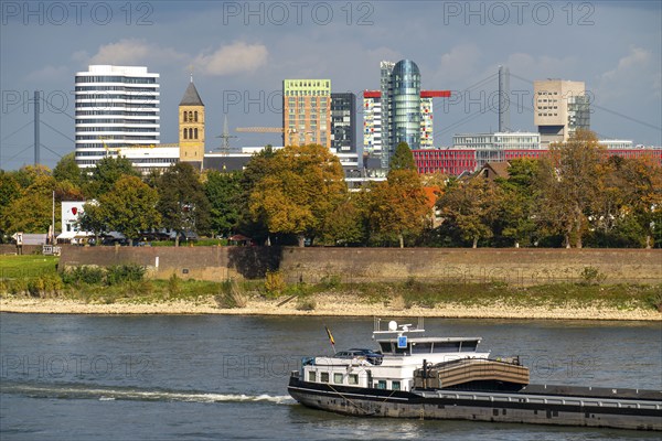 The skyline of Düsseldorf, with the skyscrapers in the Media Harbour, Rhine bridges, residential