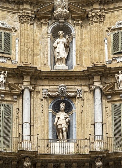 Facade representing summer season with statues of Philip II and Santa Ninfa, Quattro Canti,